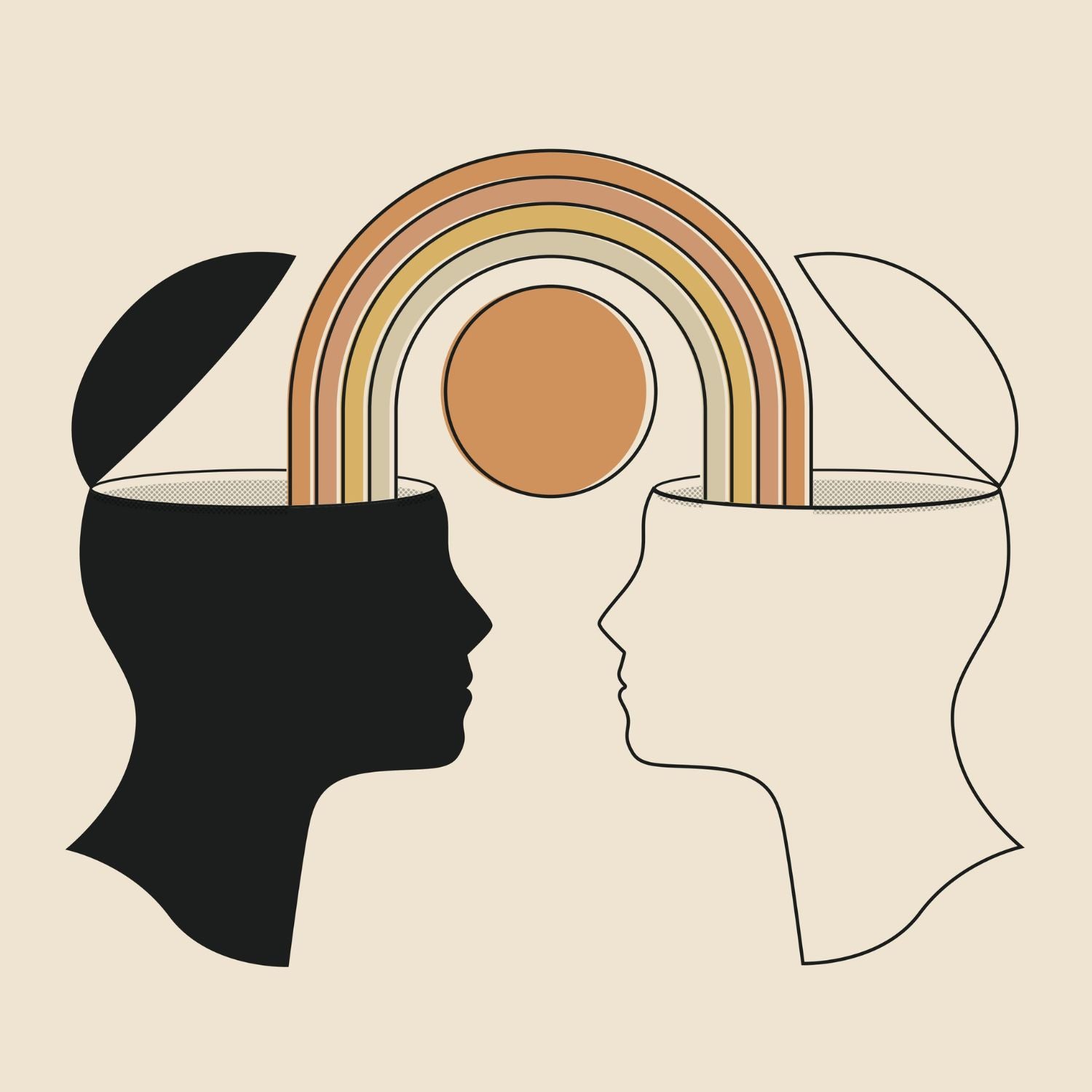 An illustration of a pastel rainbow transfer from one head to another and a sun in center of the rainbow