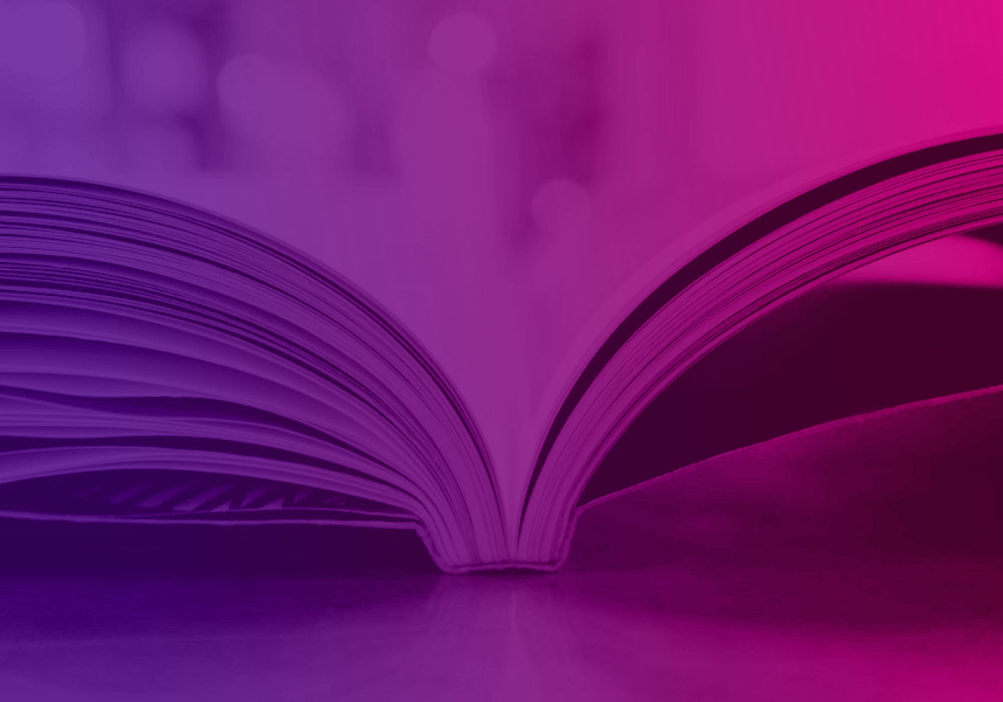 An open book with curved pages, shown in a close-up view under a strong purple and pink color cast.