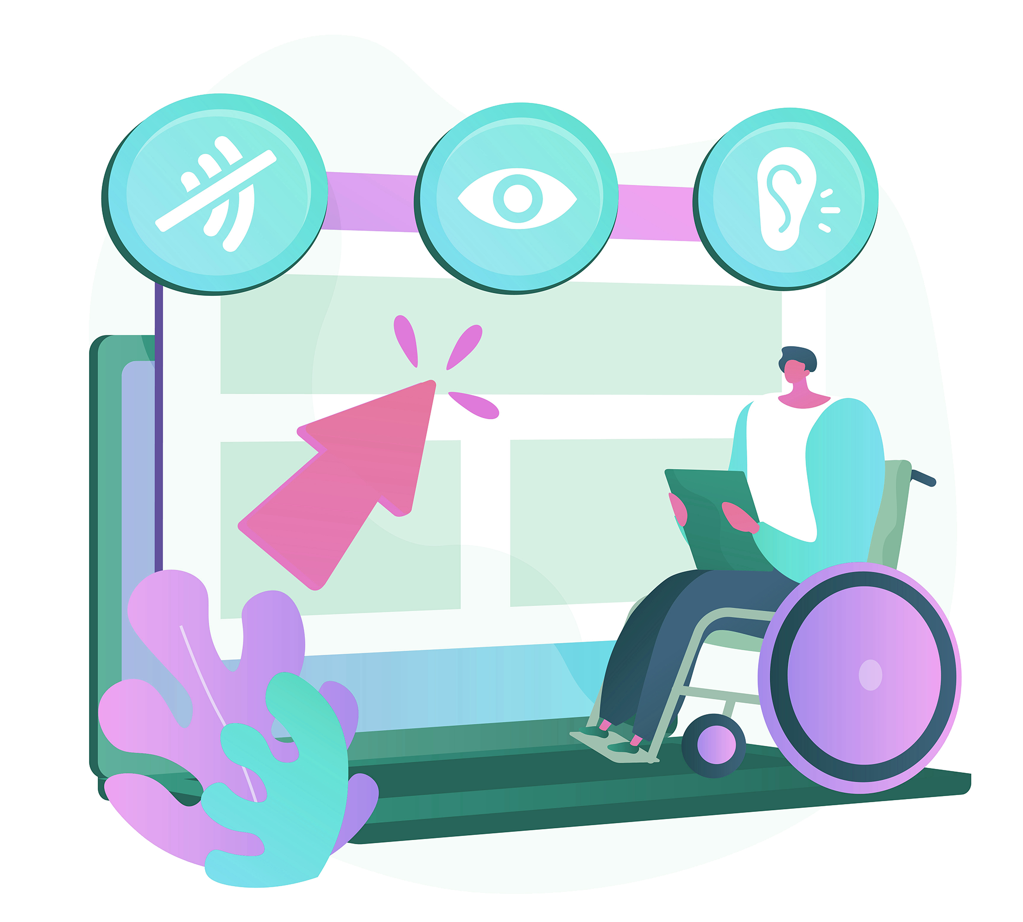 Illustration of a person in a wheelchair using a computer with accessibility icons above.