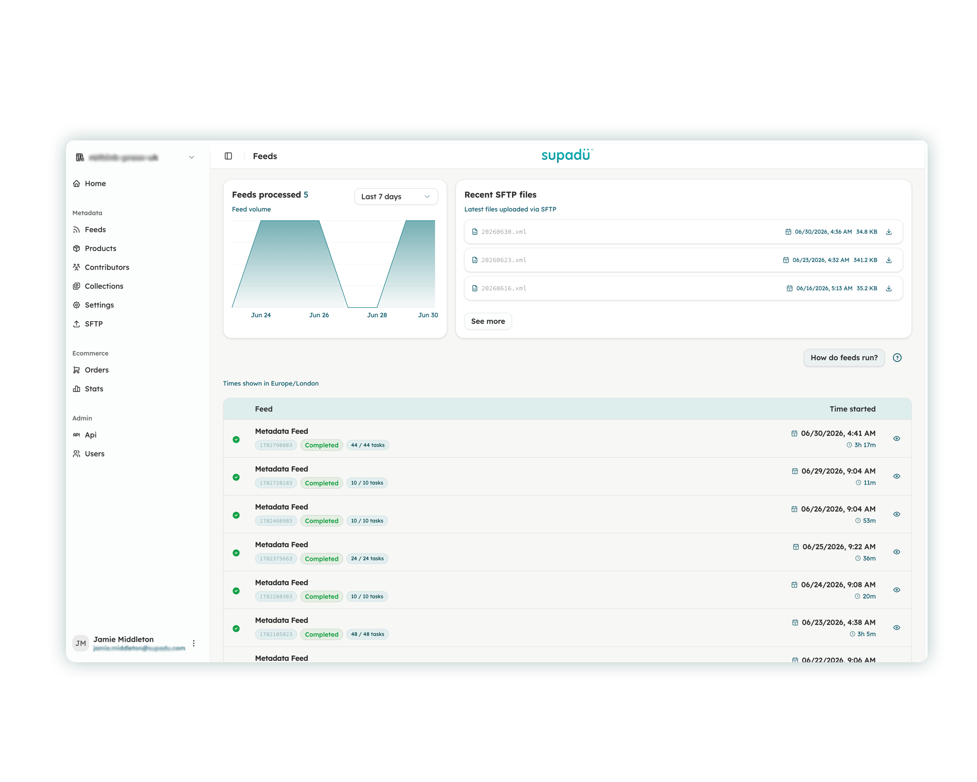 Supadu software interface with dashboard and feed management features