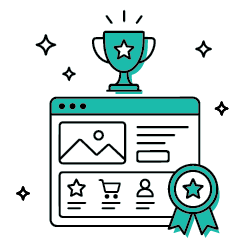 An image of a blue web browser screen with a trophy on top and a medal on a white background.