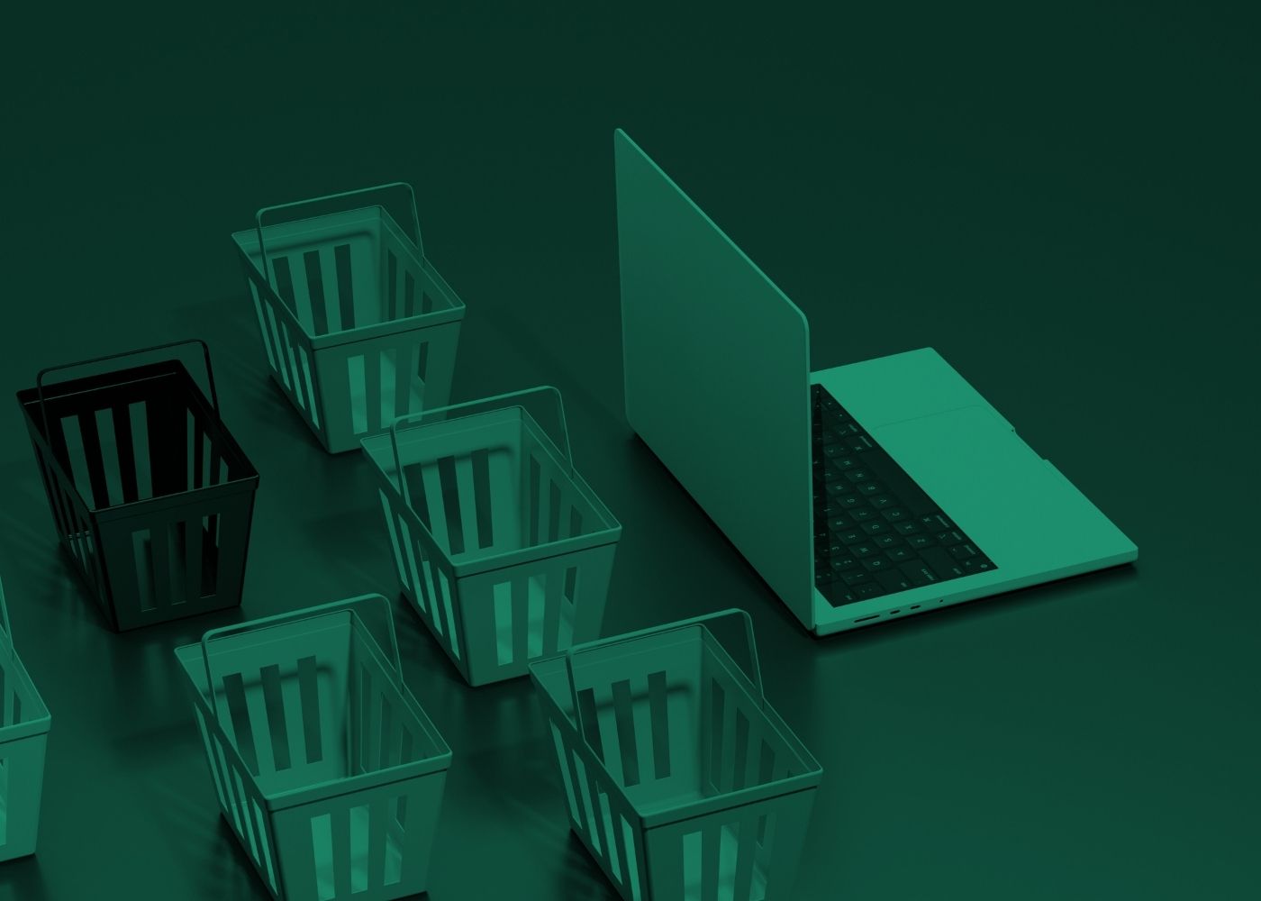Laptop with multiple shopping baskets on a dark green background
