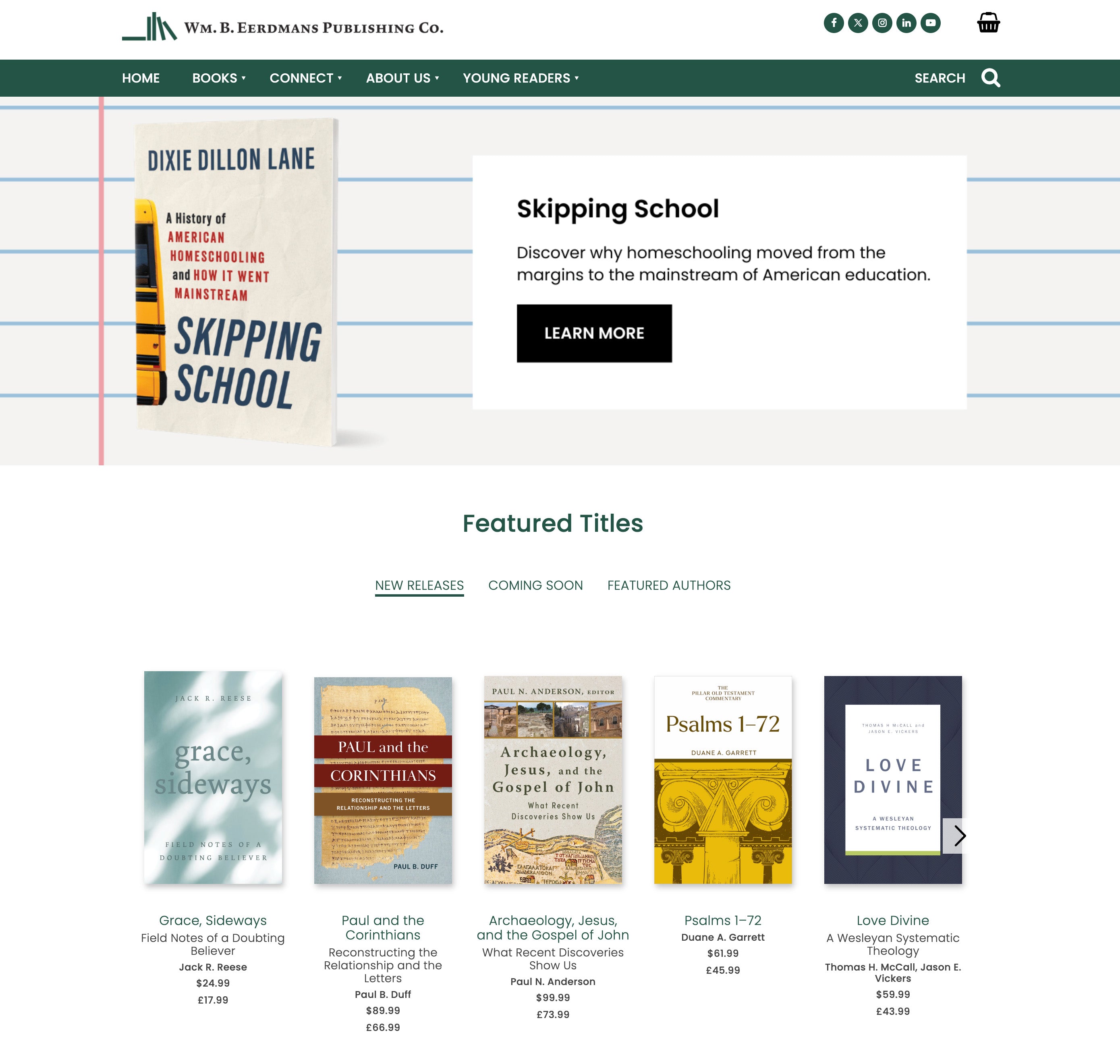 Website page for W. B. Eerdmans Publishing Co. with book covers and promotional text.