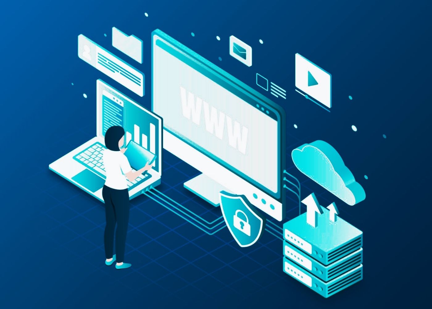 Illustration of a person using technology with devices and icons on a blue background