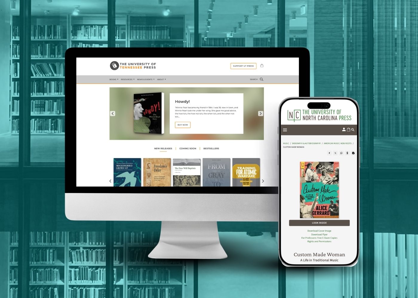 Computer monitor and smartphone displaying the University of North Carolina Press website against a blurred library background.