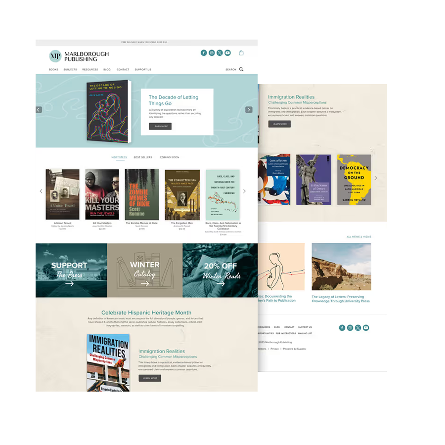 Website layout with book covers and promotional text on a white background