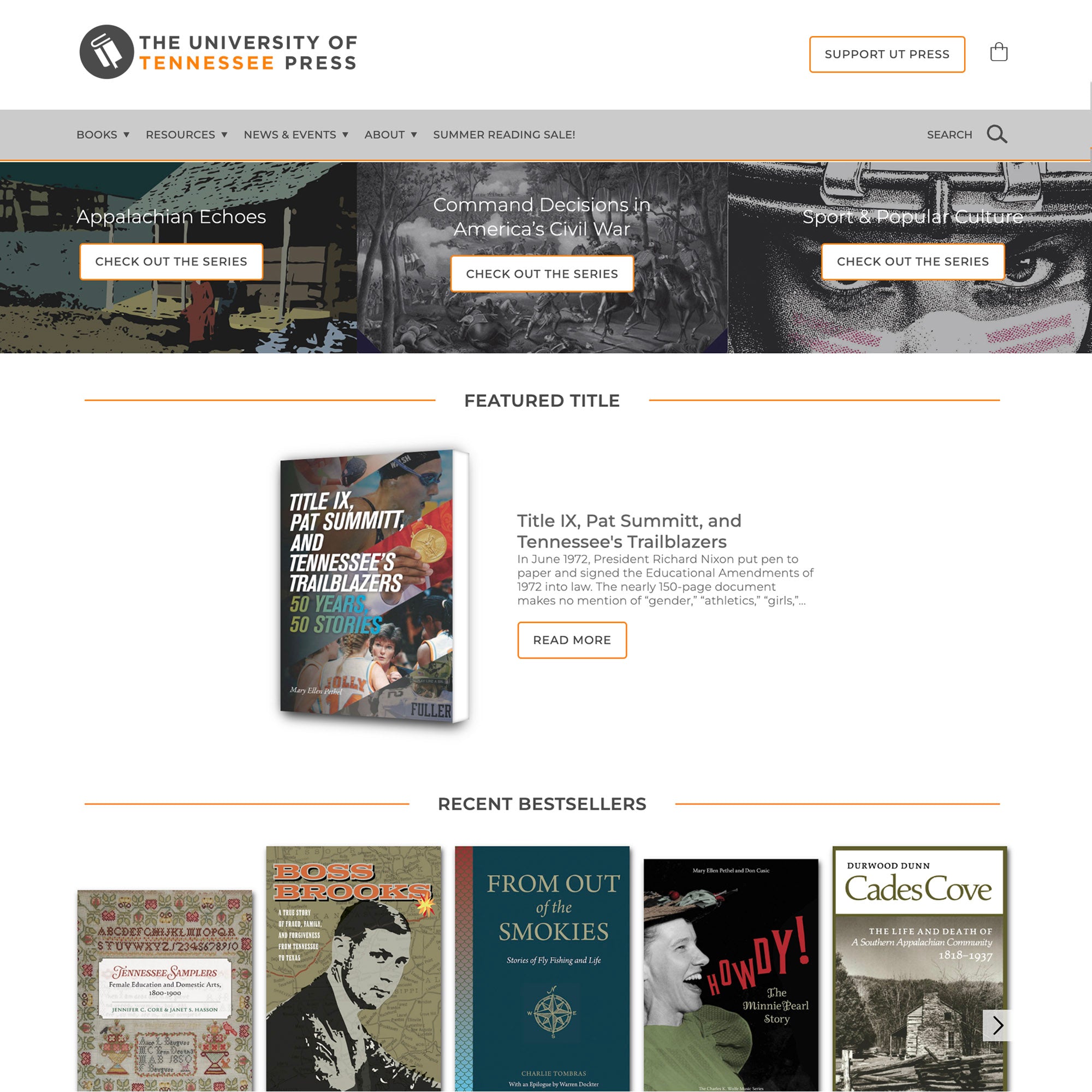 University of Tennessee Press Wordpress website homepage with book covers and promotional text.
