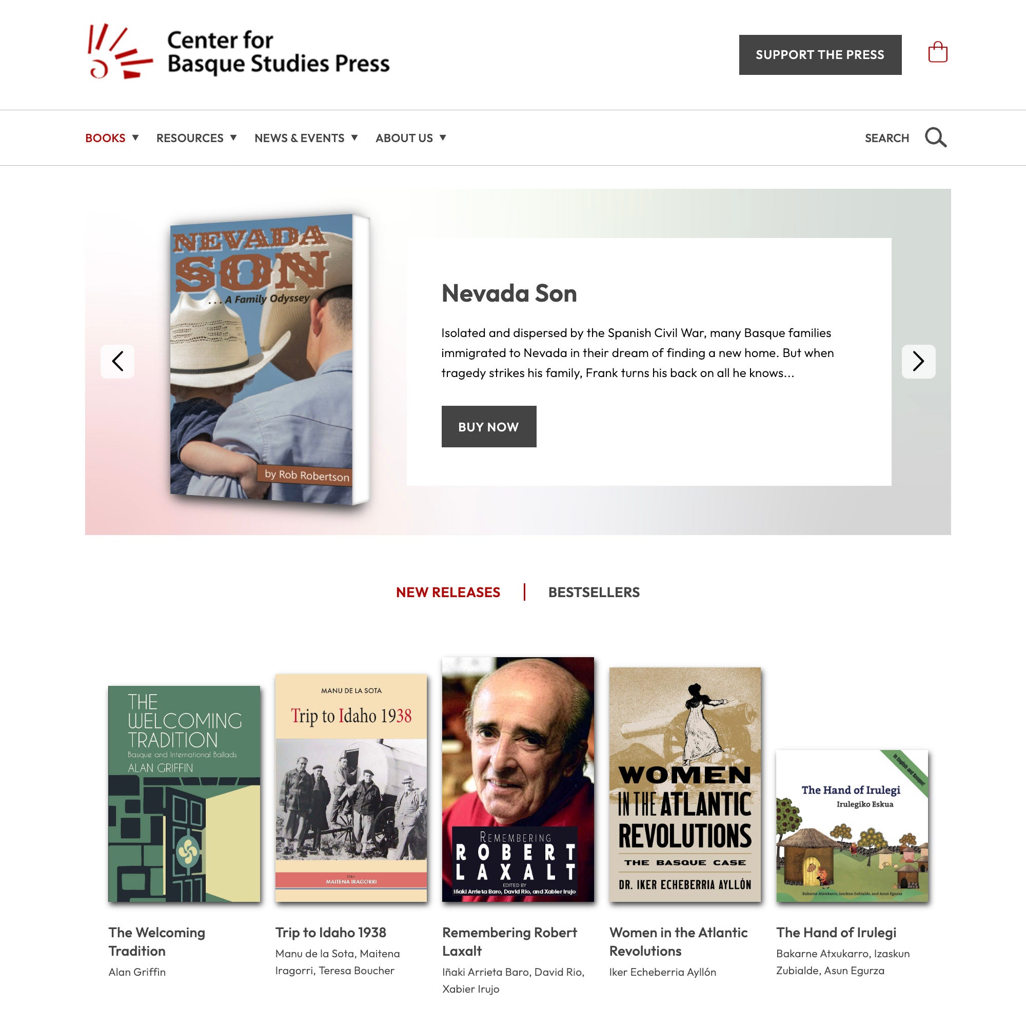 Screenshot of the Center for Basque Studies Press website with book covers and promotional text.