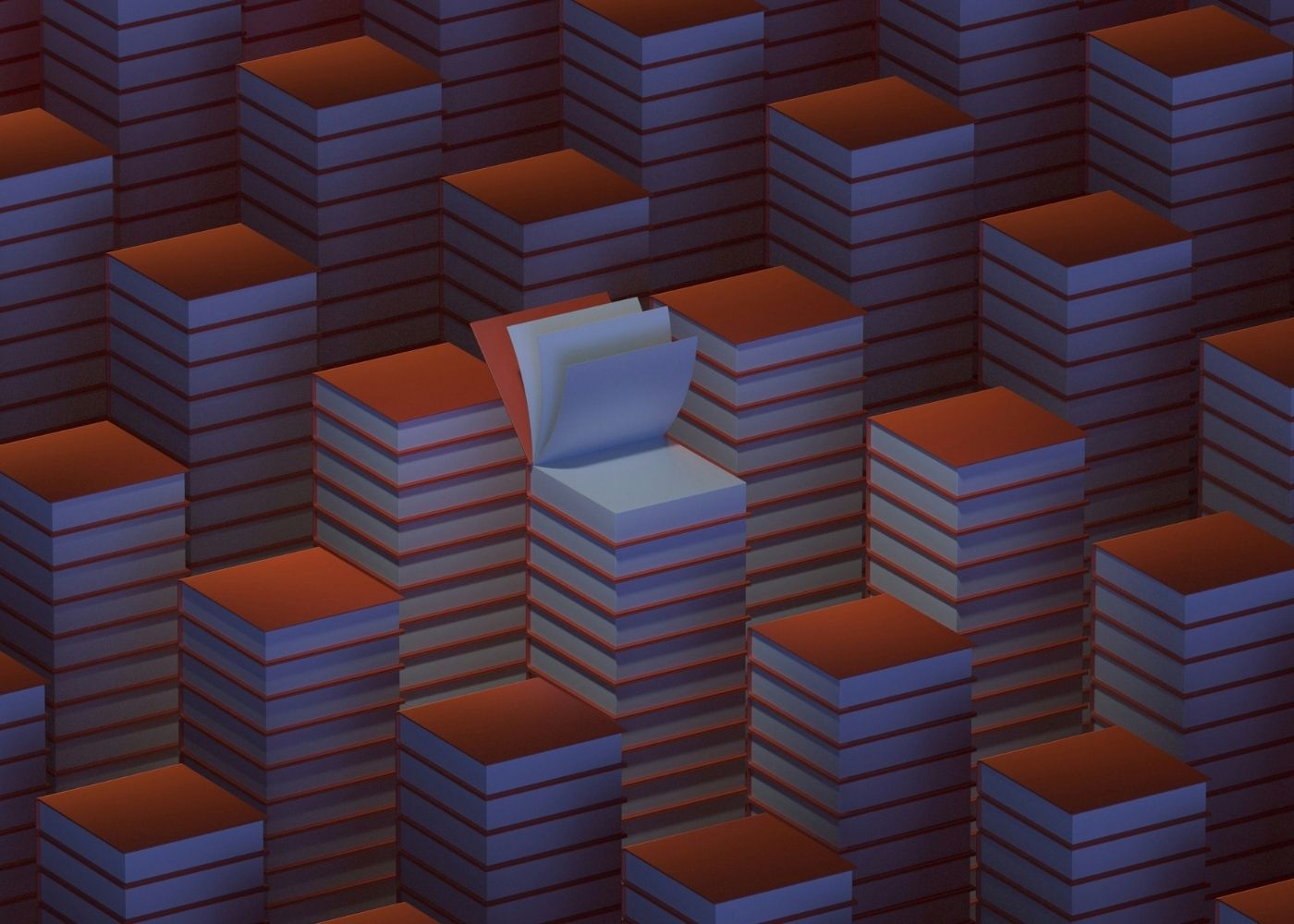 An illustration of stacks of red books in columns in a dark environment