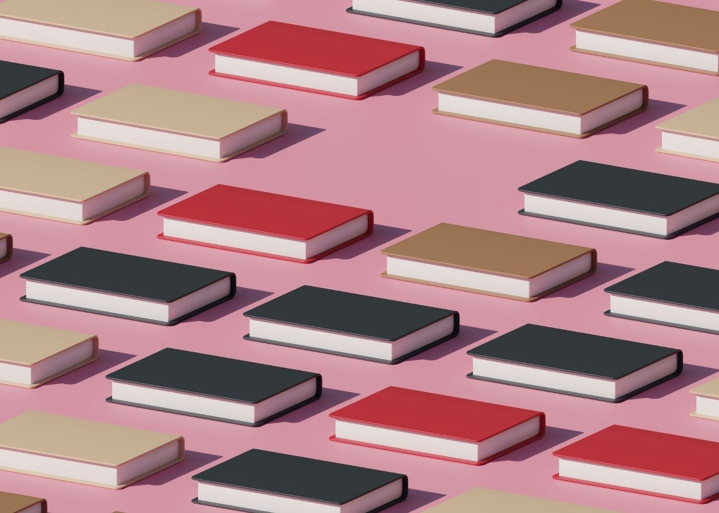 An illustration of black, beige and red books on a pink floor