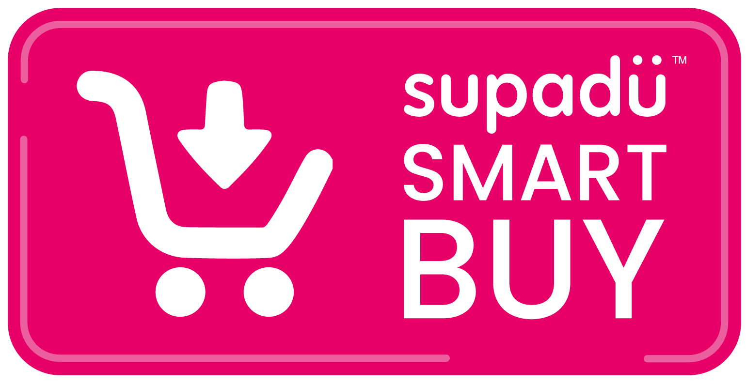 Pink label with white shopping cart icon and supadu SMART BUY' text