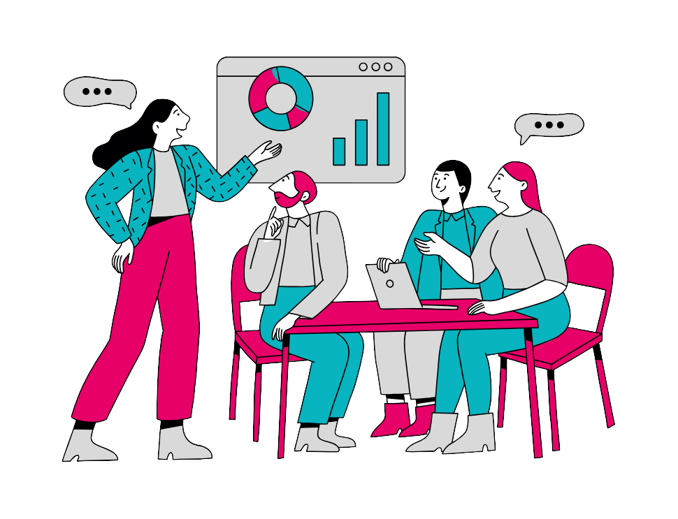Illustration of a group of people in a meeting with a presenter showing a chart.