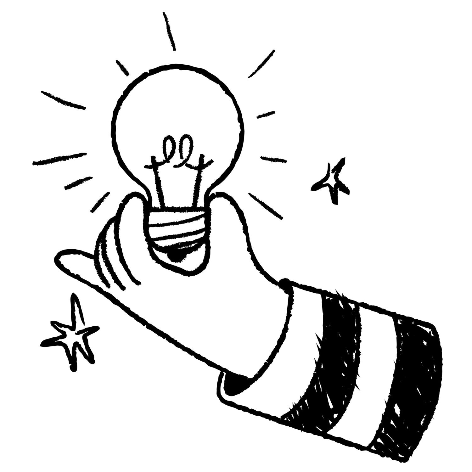 Illustration of a disembodied arm holding a light bulb with stars around it on a white background