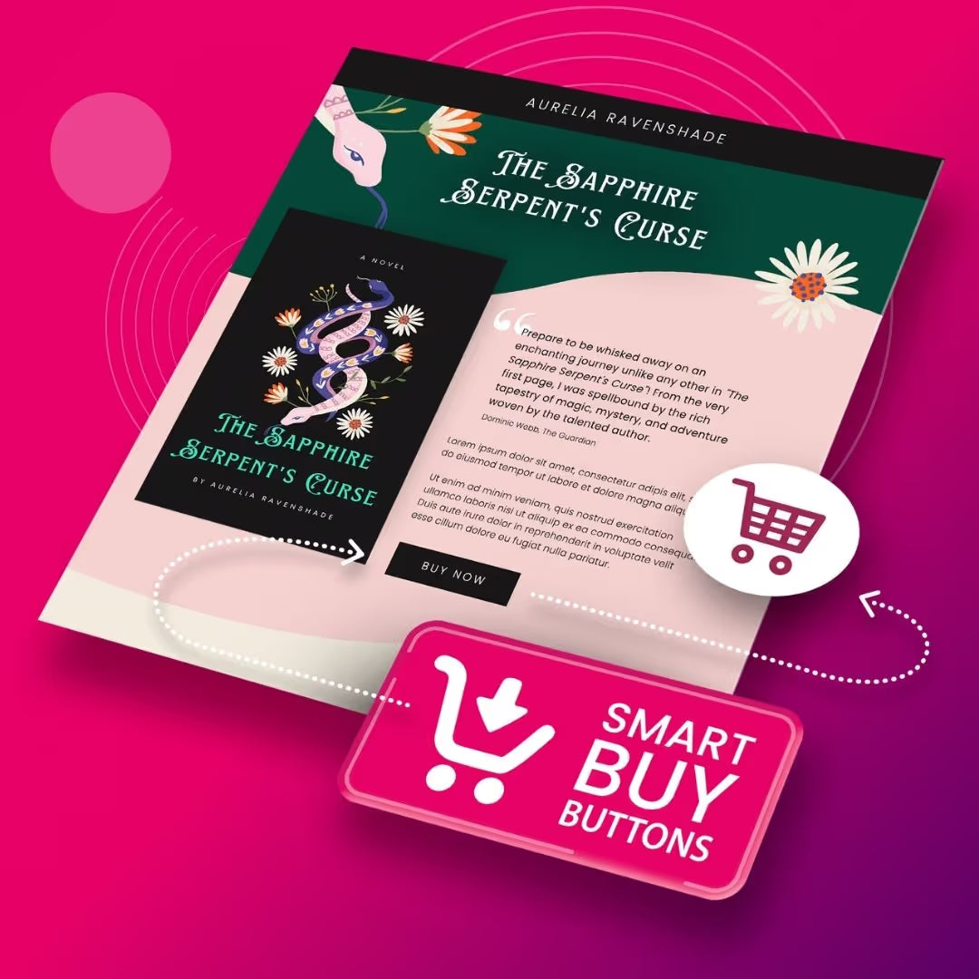 Promotional image for Supadu Smart Buy Buttons with a shopping basket icon and a website page featuring 'The Sapphire Serpent's Curse' by Aurelia Ravenshade on a pink background