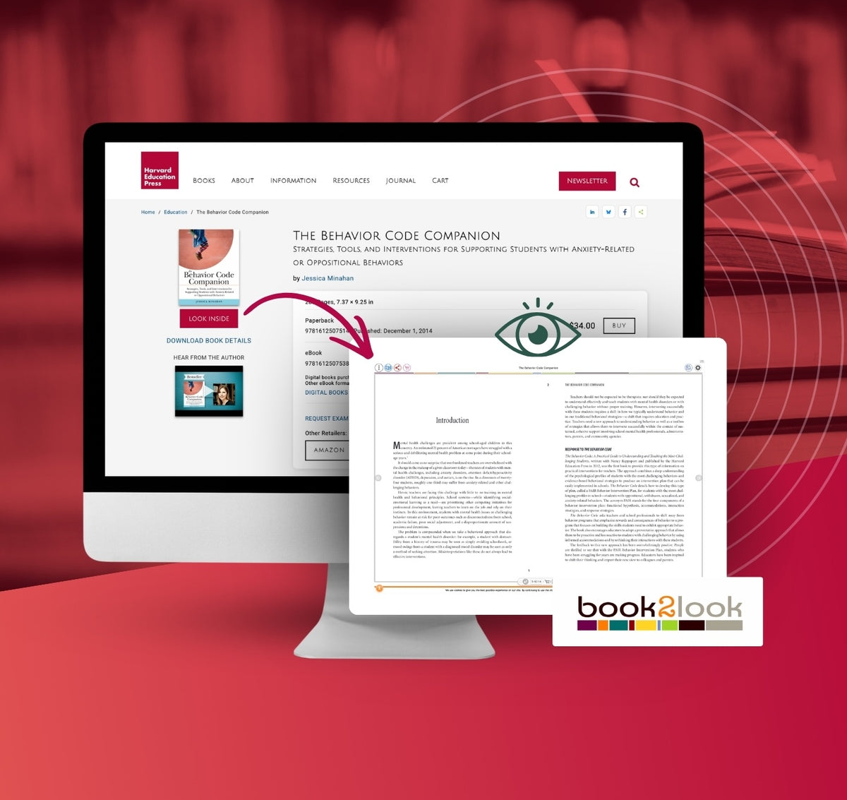 A digital promotional mockup showing a desktop computer and tablet displaying a book or journal website interface, with a red abstract background and a visible Book2Look logo at the bottom right.