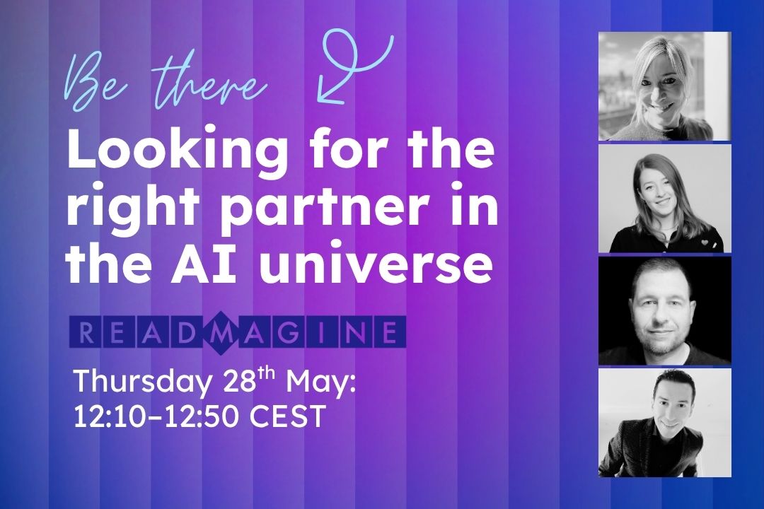 Promotional poster for an event titled 'Looking for the right partner in the AI universe' with a purple background and headshots of four people.