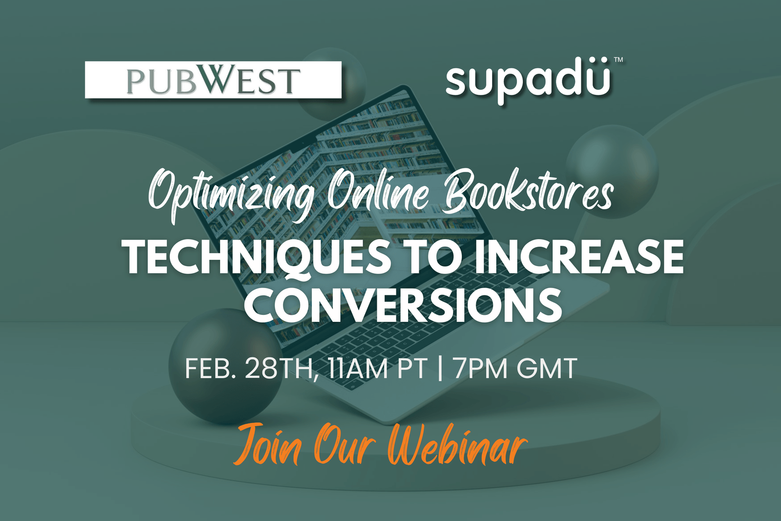 Promotional graphic for a webinar on optimizing online bookstores with laptops and text overlay.