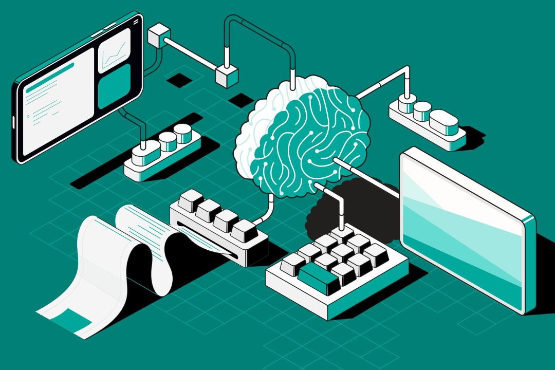 Illustration of a brain connected to technology on a teal background