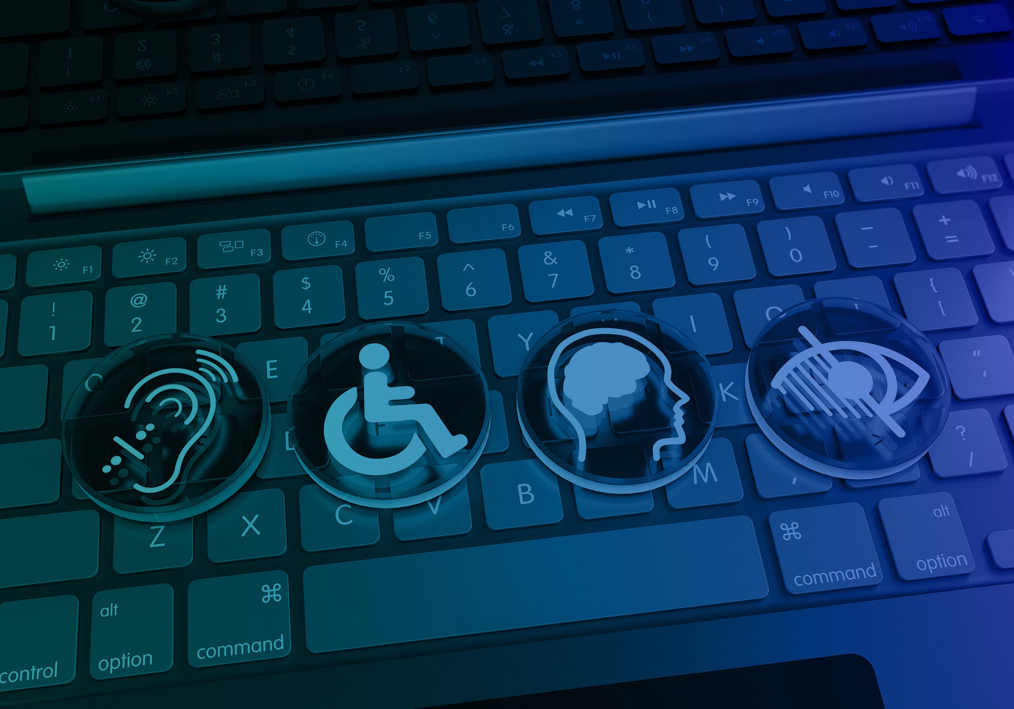Four circular transparent desk mat covers featuring white icons for accessibility and inclusivity, arranged on a blue-lit computer keyboard.