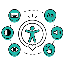 Icon of a person with interconnected symbols around it on a white background