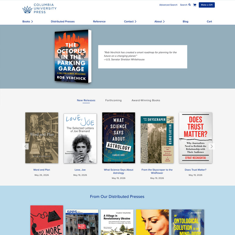 Columbia University Press website with book covers and navigation menu
