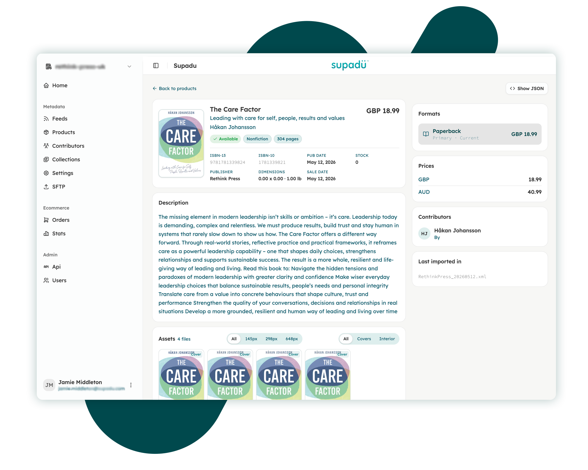 Supadu platform interface with a product listing for a book title on a white background.