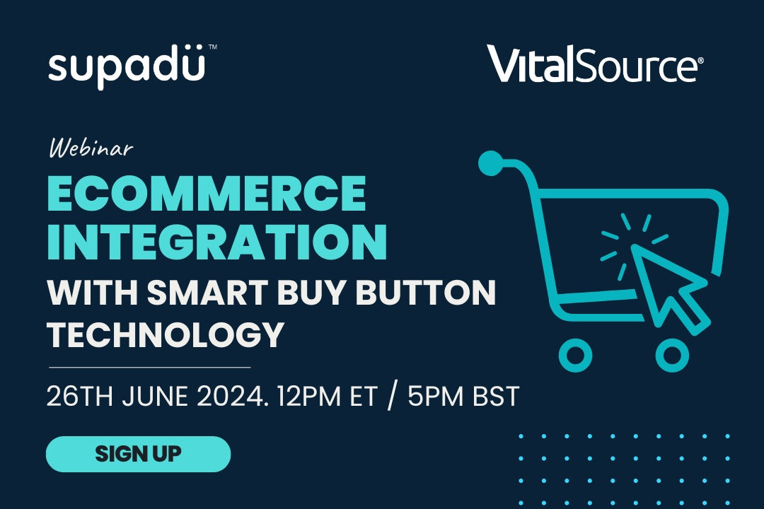 Promotional graphic for an ecommerce integration webinar with Supadu and VitalSource logos.