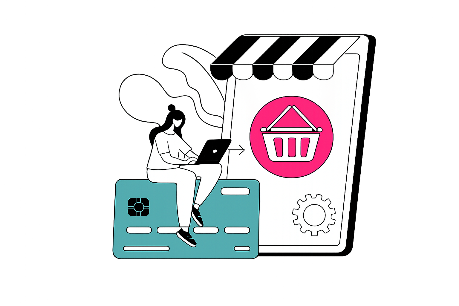 Illustration of a person using a laptop on a credit card with a shopping cart icon on a tablet screen.