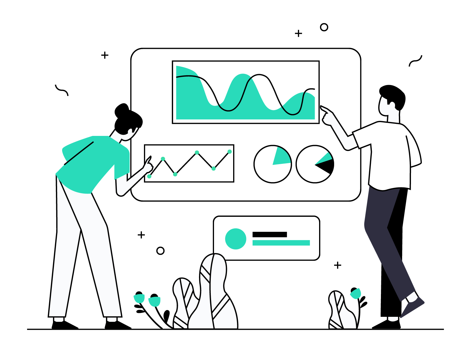 Two people interacting with a digital dashboard displaying graphs and charts.