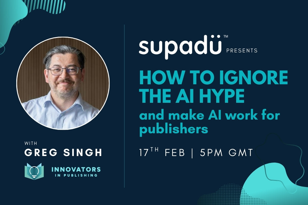 Promotional graphic for a Supadu talk on ignoring AI hype with Greg Singh and a photo the speaker wearing a light blue shirt and glasses