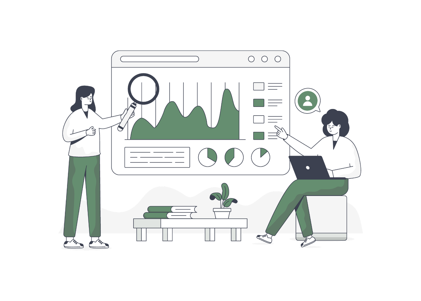Illustration of two people working on a large computer screen with graphs and charts.