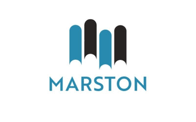 Marston logo with blue and black design on a white background