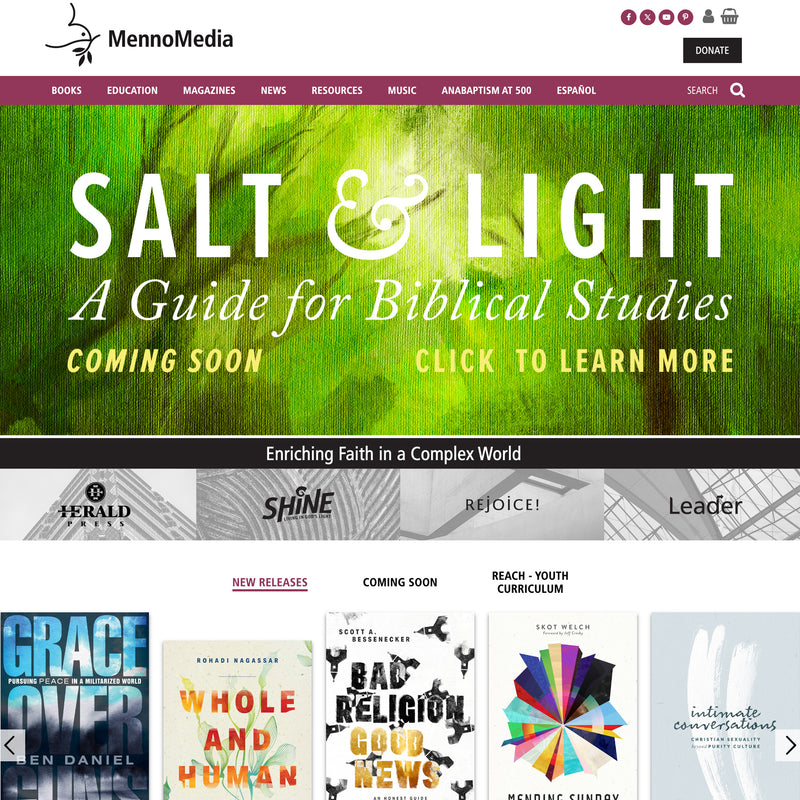 MennoMedia website homepage with 'Salt & Light' guide promotion and book covers.