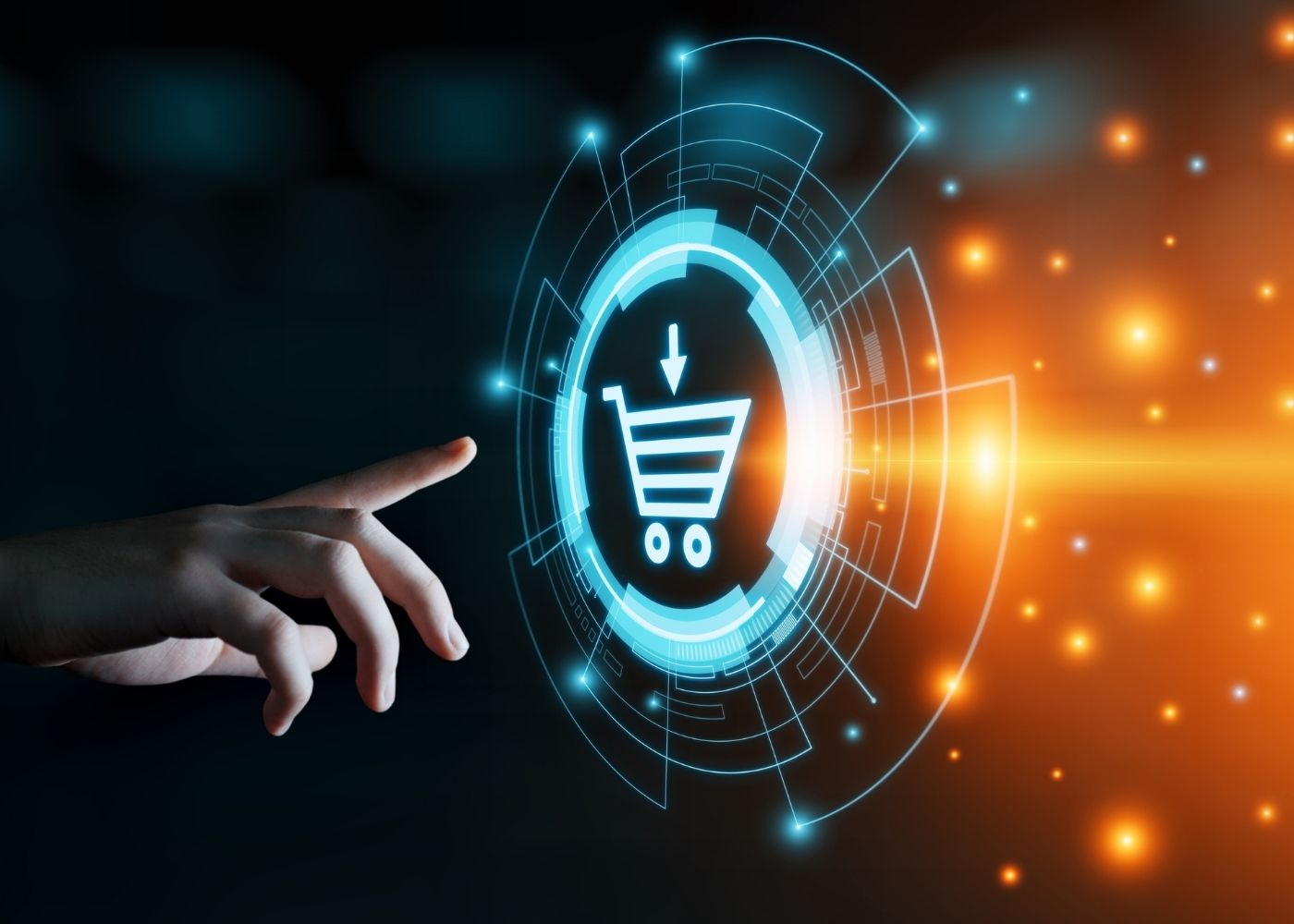 Hand reaching towards a futuristic shopping cart icon with glowing elements on a dark background
