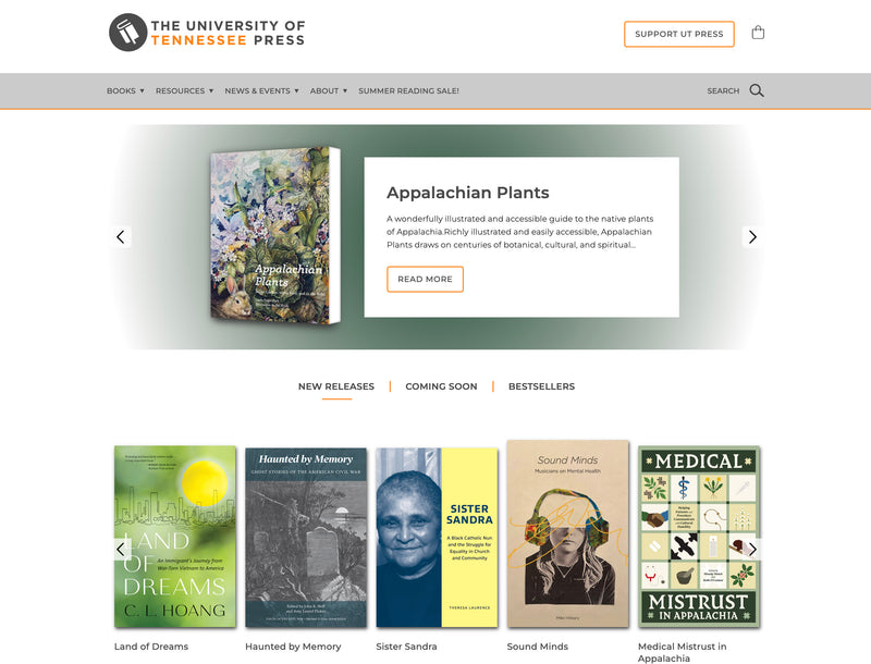 University of Tennessee Press website homepage with book covers and promotional text.
