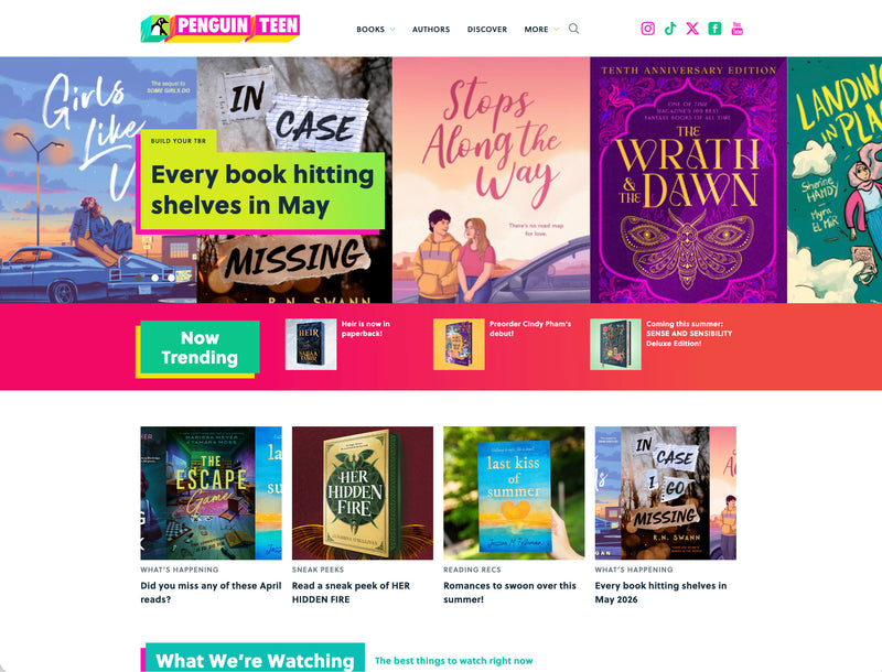 Penguin Teen website with book covers and promotional text on a colorful background