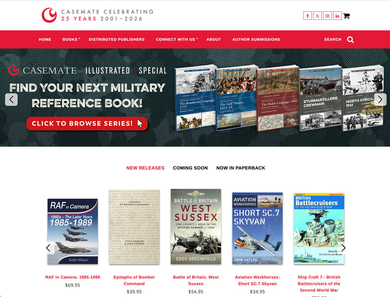 Casemate Publishing website with book covers and promotional text