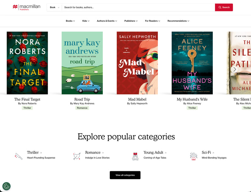 Macmillan website with book covers and navigation options