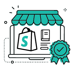 Icon of a laptop with a teal awning, shopping bag, and checkmark on a white background