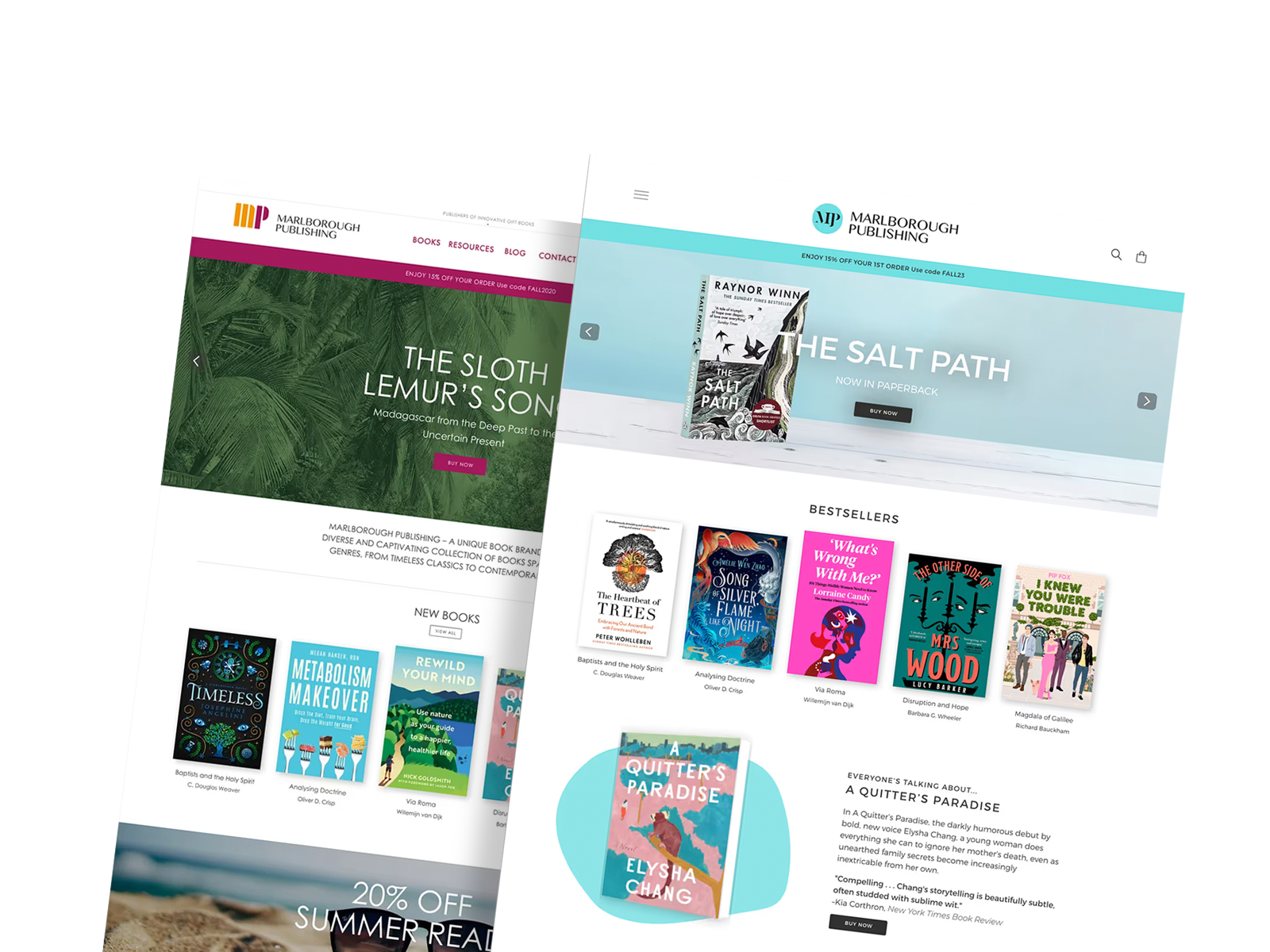 Two book website pages displayed side by side on a white background.