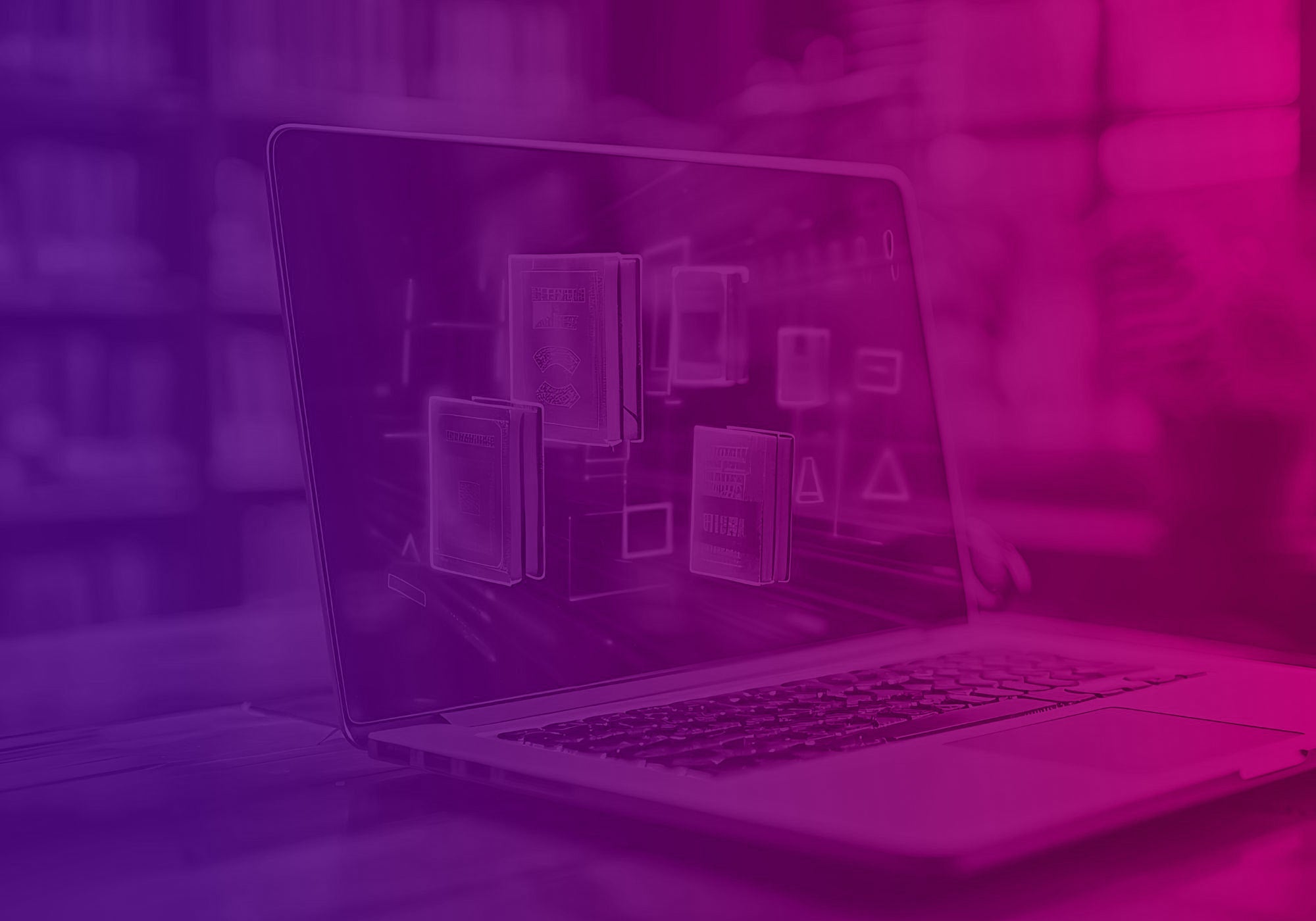 A laptop on a desk in a blurred indoor setting, heavily tinted with a purple and pink overlay. The laptop screen displays a digital interface with floating document or page thumbnails.