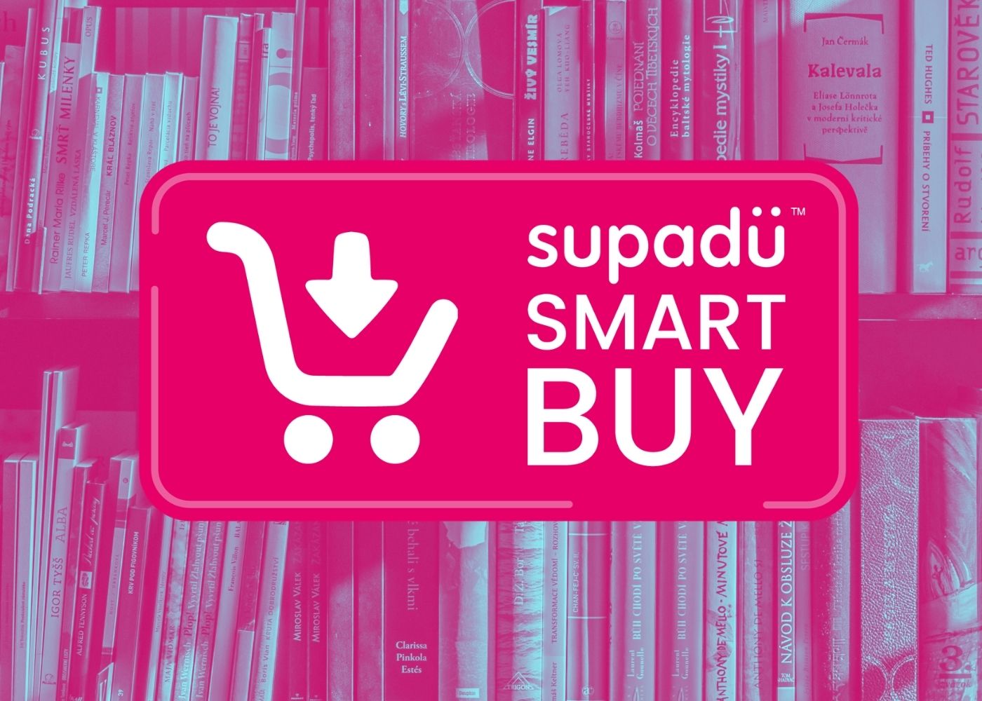 supadu SMART BUY logo with shopping cart icon on a pink and blue background of books.