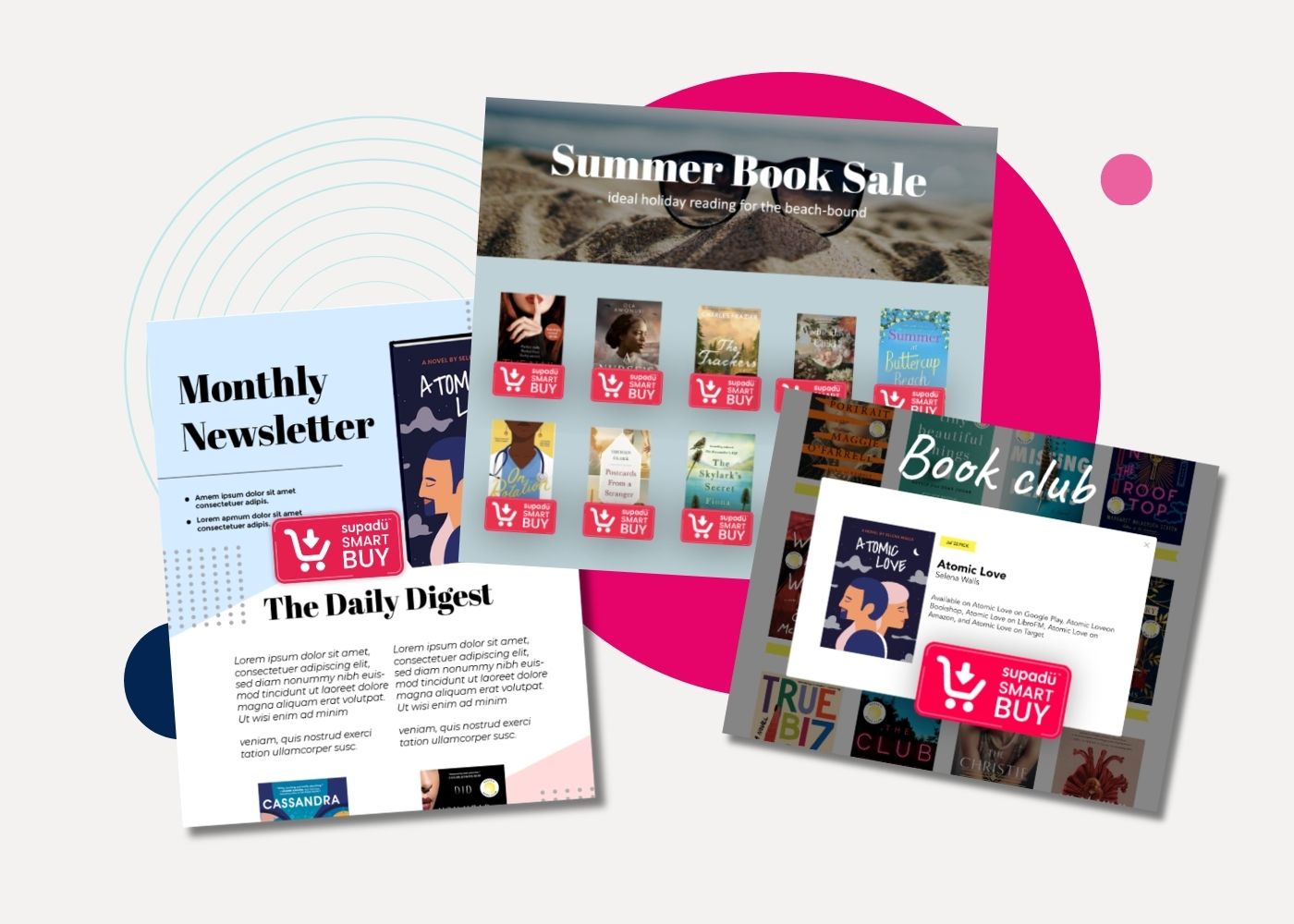 Collection of digital book club and newsletter templates on a white background