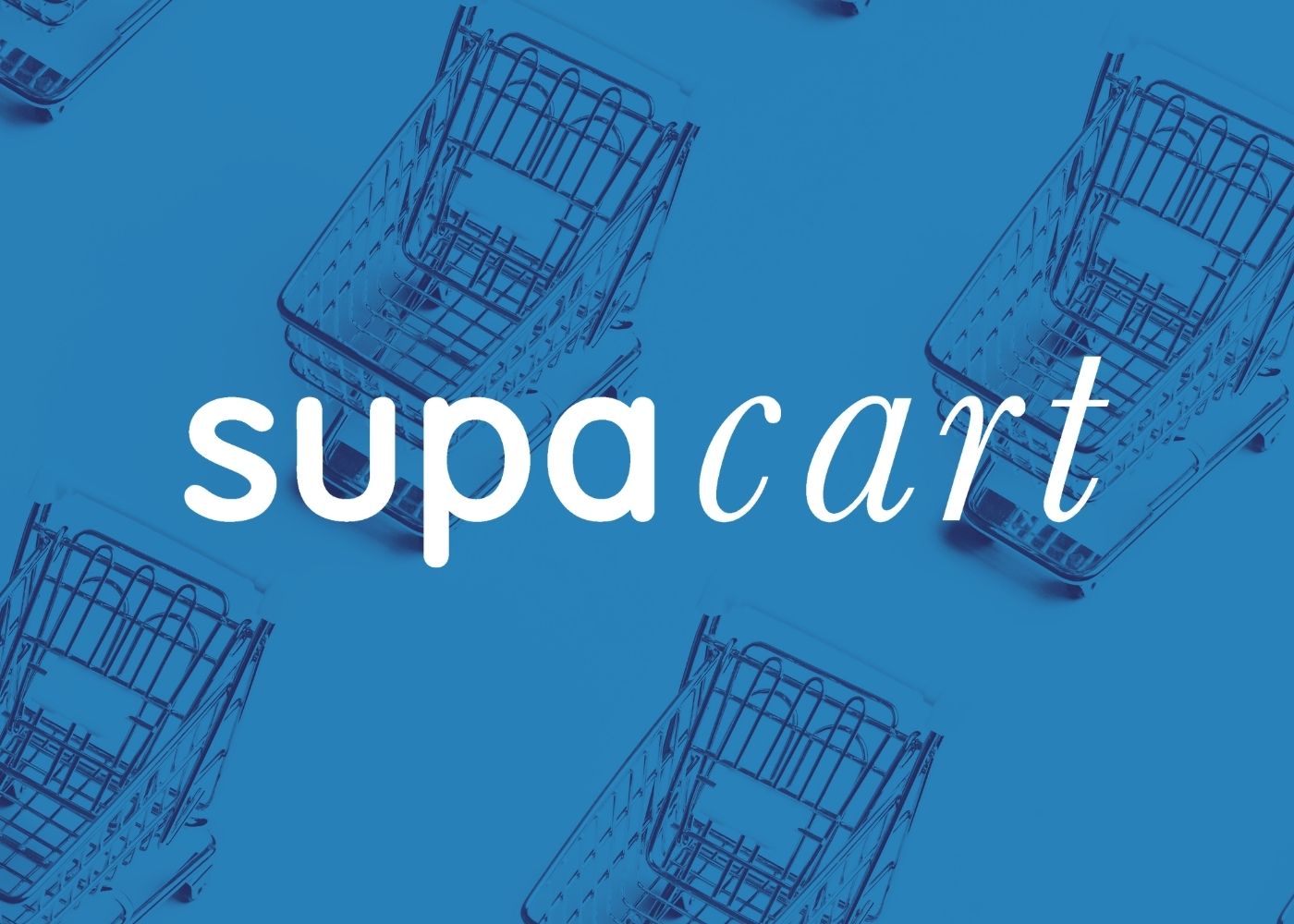 Blue background with 'supacart' logo and shopping cart illustrations