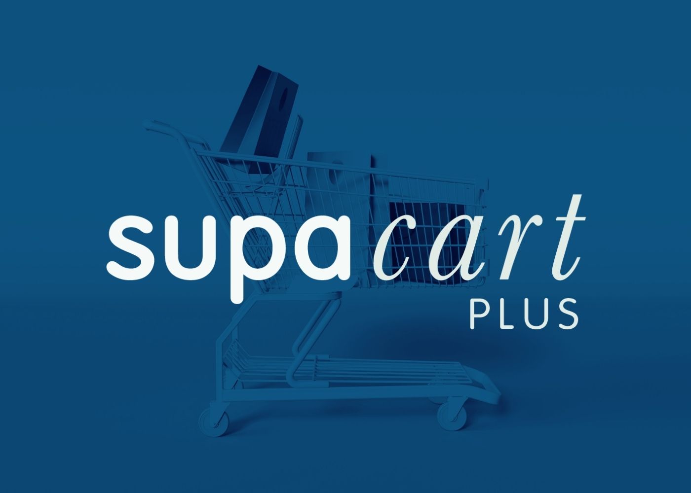 A blue promotional graphic with the text 'supacart PLUS' in white over a faint shopping cart illustration.