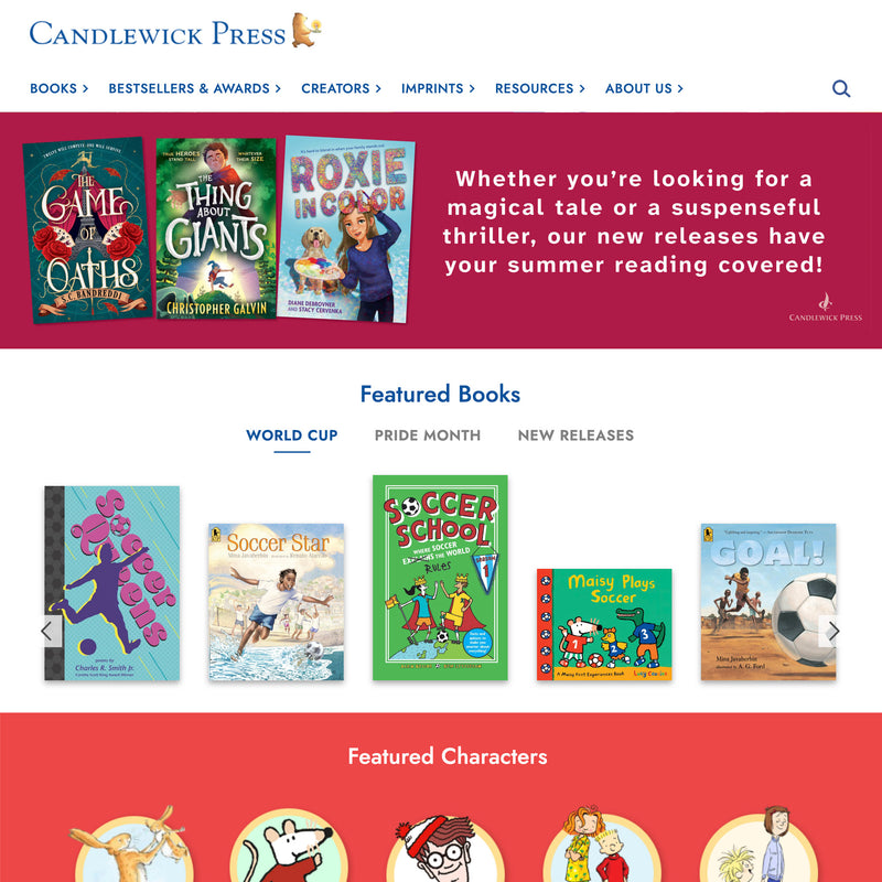 Candlewick Press website with book covers and promotional text on a red and blue background