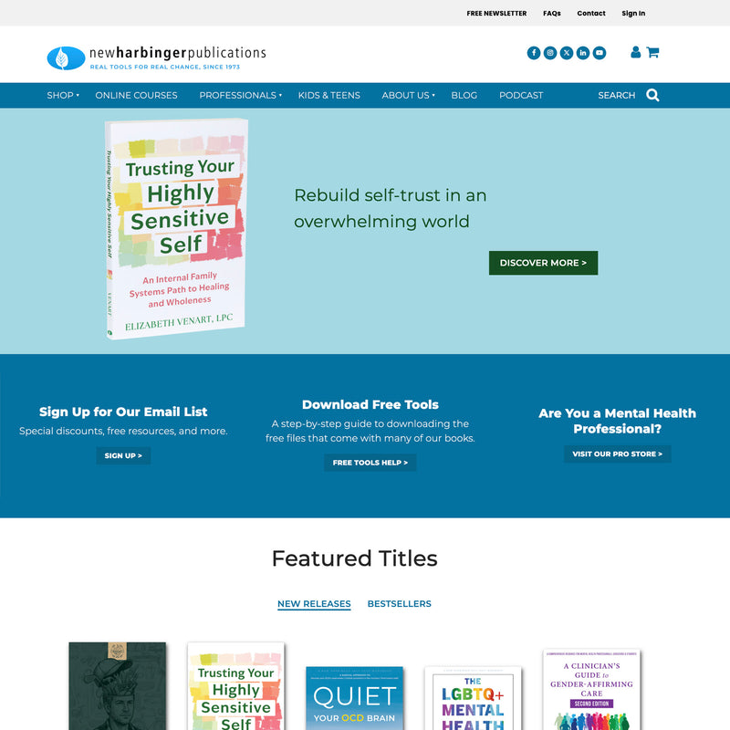 New Harbinger Publications website homepage with book cover and navigation menu.