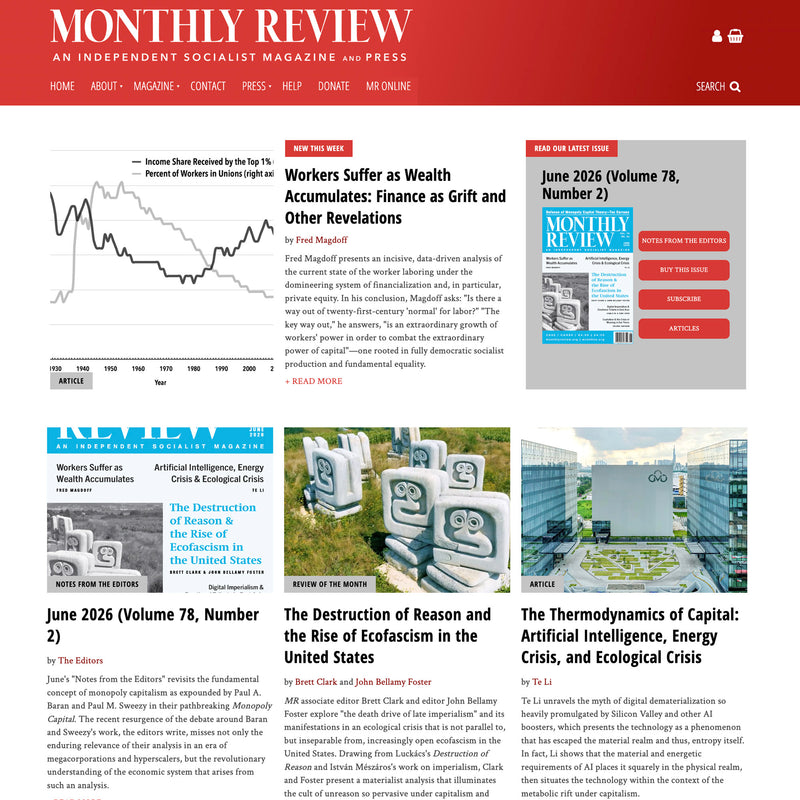 Monthly Review magazine website with articles and a red banner.