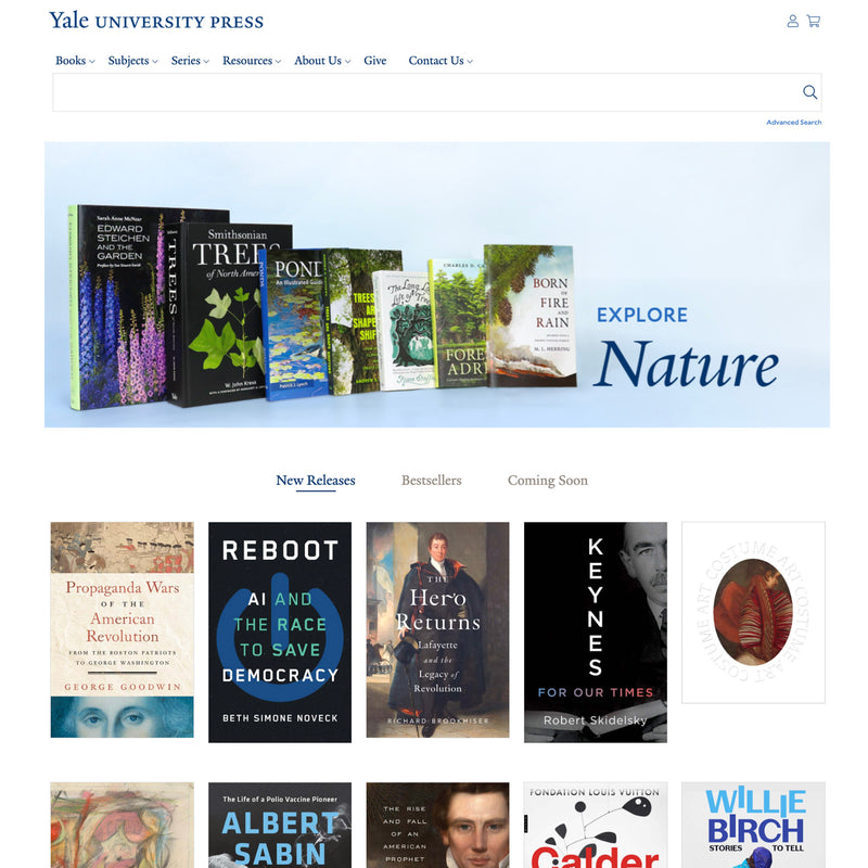 Yale University Press website homepage with book covers and navigation menu.