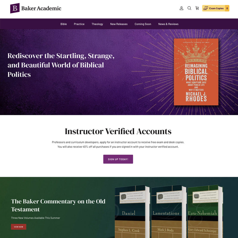 Baker Academic website homepage with book cover and promotional text on a purple and green background.